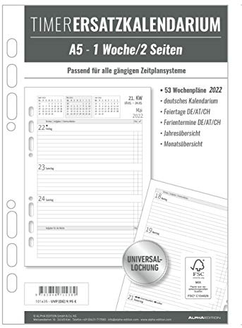 Alpha Edition Timer Ersatzkalendarium A5 2022 - Bürokalender - Buchkalender A5 (15x21 cm) - Universallochung - 1 Woche 2 Seiten - 128 Seiten