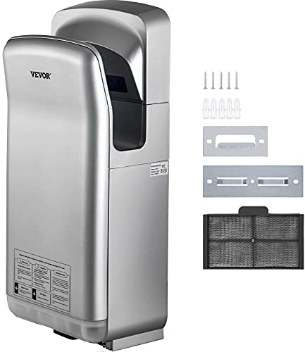 VEVOR Handtork 2 kW kommersiell elektrisk handtork HEPA-filter väggtork lufthastighet 100 m/s handtork 8–10 sekunder för torkning silver för flygplatser kontor skolor etc.