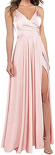 KURFACE Robe de demoiselle d'honneur à bretelles spaghetti pour femme - Robe de soirée formelle en satin - Longueur au sol, rose poudré, 46