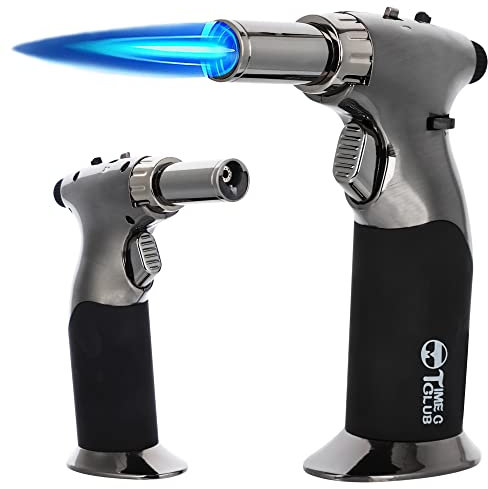 Torcia a butano Premium doppia fiamma, grande accendino da cucina con blocco di sicurezza regolabile, ricaricabile Soffio culinario multiuso per Brulee BBQ (gas butano non incluso)