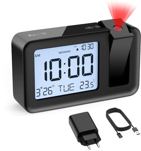 CHEREEKI Projektionswecker, Wecker mit Innentemperatur, 4 einstellbare Projektionshelligkeit, 9 Minuten Schlummerfunktion, Digitaler Wecker geeignet für Büro und Schlafzimmer