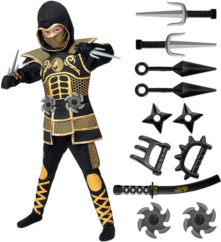 Spooktacular Creations Costume de Ninja Doré pour Garçons, Costume de Ninja pour Enfants avec Armure Dorée et Motifs pour Halloween Costume de Ninja Dress Up Party-M