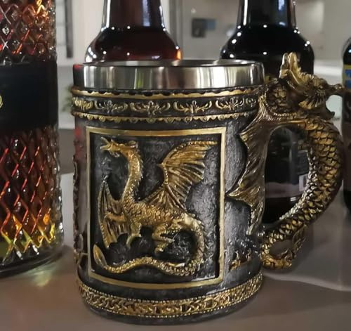 CUZOKOLA Medieval Dungeons with Dragons Cup Gifts Beer Steins Drinking,Dnd Goth Game Dragon Mug-Stainless Steel Novelty Coffee Mug 14oz Friends Cup for Dragon Figurine Collector&Medieval Gifts for Men