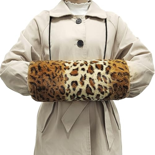 Manguito de Piel Sintética, Manguito Calentador de Manos Portátil con Bolsillo de Cordón Manguito de Mano de Piel con Estampado de Leopardo Cálido con 1 Gancho para Hombres, Mujeres y Niñas