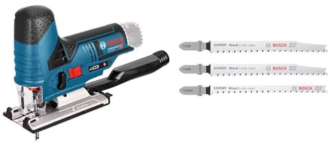 Bosch Professional GST 70 Professional - Sierra de calar a batería (batería y cargador no incluidos), 12 V + 3 x Set de hojas de sierra de calar Expert Wood 2-Side Clean, Longitud 117 mm