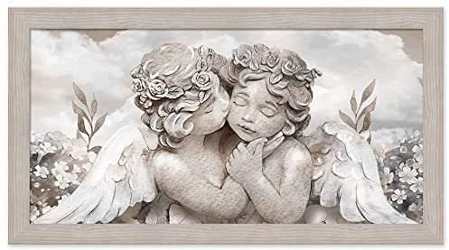 Lupia Cuadro moderno para salón o dormitorio con diseño de ángeles con marco Boston, color beige, 60 x 110 cm, diseño de ángeles en flor mixta, impresión sobre panel de madera