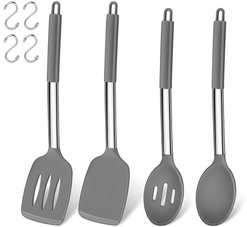 Küchenhelfer Set, Joyfair 4 Stück Silikon Pfannenwender und Kochlöffel Set, Hitzebeständig Küchenutensilien mit Edelstahlgriff, Kochbesteck für Kochen/Backen/Flip, Spülmaschinenfest - Grau