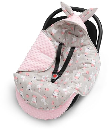 ELIMELI EINSCHLAGDECKE für Babyschale - Baby Winter Decke für Autositz, Buggys und Kinderwagen mit Füllung, universal Fußsäcke z.B. Maxi Cosi, Kinderwagendecke (Rosa - Hasen)