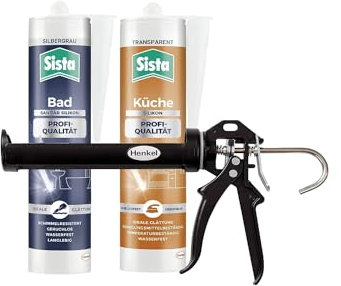 Sista Bad Profi-Qualität Sanitär Silikon, wasserfest, Silbergrau (1x280ml) & Sista Küche Profi-Qualität Silikon, Transparent (1x280ml) & Pattex Profi Metall Kartuschenpistole