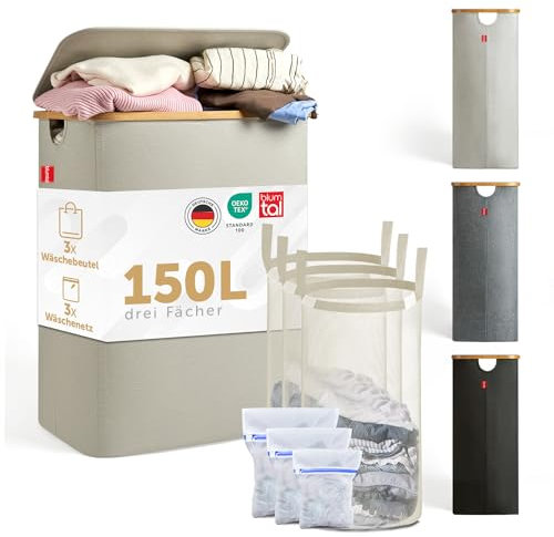 Blumtal® Panier a linge 3 compartiment 150L - Panier rangement lavable avec filet à linge détachable - panier à linge avec couvercle & bord en bambou - panier a linge bambou - paniers à linge - beige