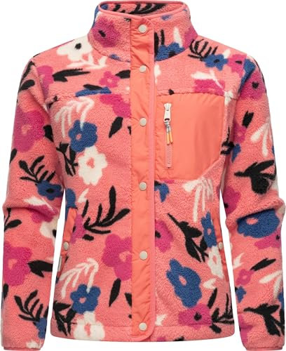Ragwear Damen Plüschjacke im Blumenmuster kurze Teddyfleece-Jacke warm mit hohem Kragen und Brusttasche Appopis Print Coral Gr. L