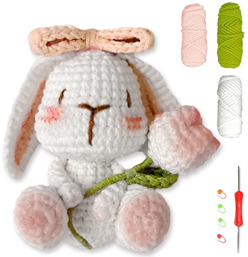 YAMAXIN Häkelset für Anfänger, Kaninchen, Blume, Tier, einfaches Erlernen des Anfängers, Strickset und Garn-Bastelsets für Kinder und Erwachsene, DIY mit Schritt-für-Schritt-Video-Tutorials