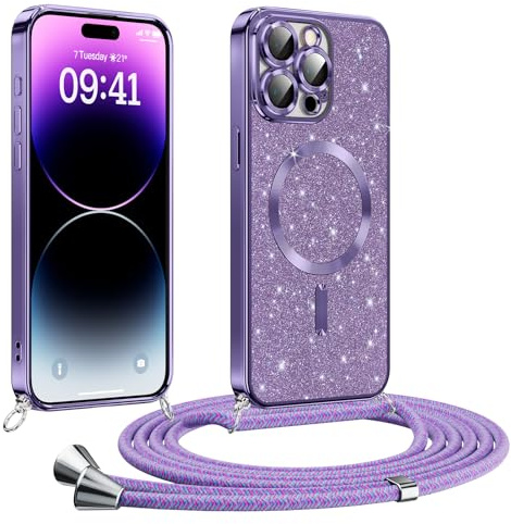 Phoona Glitter Cover per iPhone 14 Pro max 6.7'' con Cordino, Antiurto Silicone Protezione, compatibile con Morbido TPU Silicone Cover con Cordino, Anti Graffi, Non Ingiallente, Viola