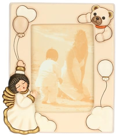 THUN, Portafoto Angelo con Teddy in Ceramica Decorata a Mano, Linea Baby, 20 x 25 x 2 cm, Spazio Foto 12 x 17 cm