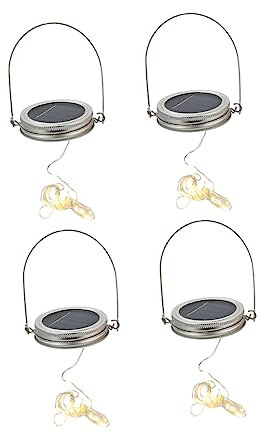 jojofuny 4 Sets 20led Solar Jar Light Lids String Lights Warm White for Garden Outdoor Hanging Jar Replacement Lids Metal Handle 2m Length