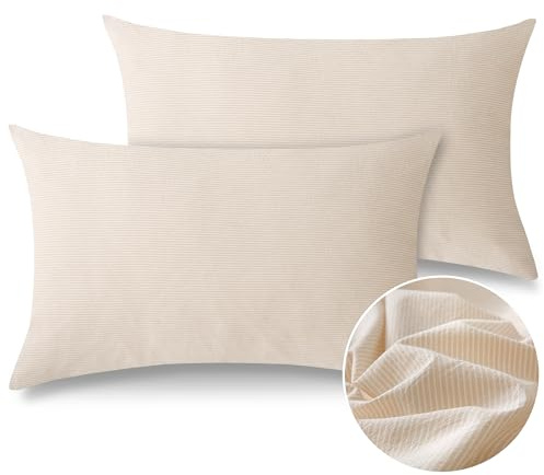 ATsense Kissenbezug 40 x 80 Baumwolle Gestreift, Beige Leinen Struktur Kopfkissenbezug 2er, 100% Gewaschene Baumwolle ÖKO-TEX Kissenbezüge für Allergiker Geeignet