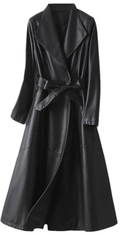 Cappotti lunghi in vera pelle da donna Autunno Inverno Elegante Signore Bottoni Cintura Cappotti di pelle di pecora, Nero , M