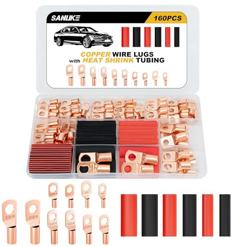 Sanuke Kit di 160 connettori per capicorda in filo di rame AWG 12 10 8 6 4 2 con termorestringenti, 80 capicorda per batteria terminali ad anello e 80 tubi termorestringenti