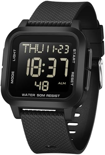 findtime Digitaluhr Herren Große Ziffern Armbanduhr Herren Damen Digital LED Sportuhr Eckig 5ATM Wasserdicht 12/24H Zwei Zeitzonen Outdoor Countdown Uhr Sport Armbanduhren Jungen Military Watch