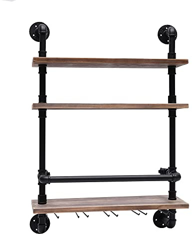 LOIRIIC 3-Tiers Steam Punk Pipe Shelving Wine Glass Rack, Industrial Pipe Shelf Wine Rack Wall Mounted with Stem Glass Holder, Floating Bar Shelves Wine Shelf, 24in Real Wood Shelves (61 * 20cm)