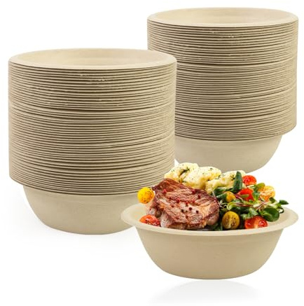 LDFDRT 100 st engångspapper skålar sockerrör bagasse komposterbara soppor engångsservis för fest (naturlig, 350 ml)