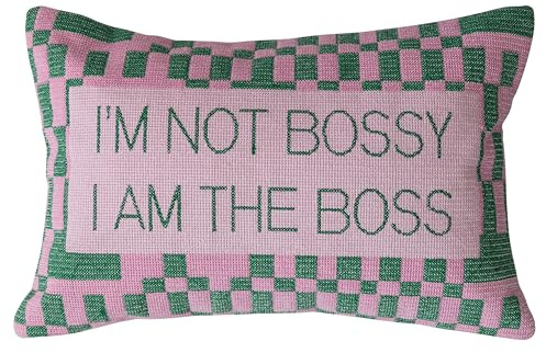 Creative Co-Op Cotton Velvet Embroidered Lumbar Pillow with Check Pattern I'm Not Bossy..., Pink and Green