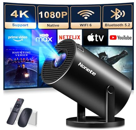 Proyector Portátil 4K y Full HD 1080P, Mini Proyector con WiFi 6 y Bluetooth 5.2, con Enfoque Automático y Corrección Automática Trapezoidal & 270 ° Rotación, Compatible con HDMI/USB/Laptop (Negro)