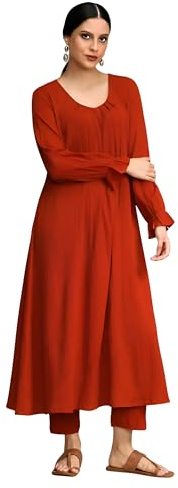 Jaanvi fashion Kurta da donna in tinta unita color ruggine con pantaloni, viscosa rayon, scollo a V, maniche lunghe a sbuffo, lunghezza al polpaccio, Rosso, XXL