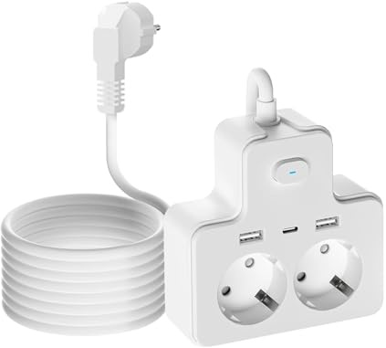 Steckdosenadapter mit USB, Doppelstecker für Steckdose 2M Verlängerungskabel Steckdosenleiste 2 Fach mit 2 USB und Type c, 3840W 16A Steckdose für Home Weiß