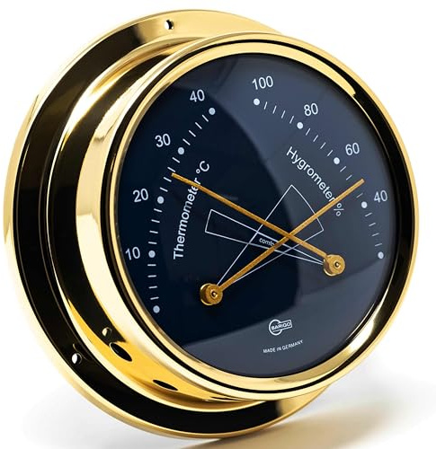 BARIGO 984MSBL REGATTA Thermo-Hygrometer, Glas, Messing poliert | Präzisions-Messgerät, Messbereich 20-100 % r. F. und 0-40 °C, Luftfeuchtigkeitsmesser, Thermometer, 125 mm Durchmesser