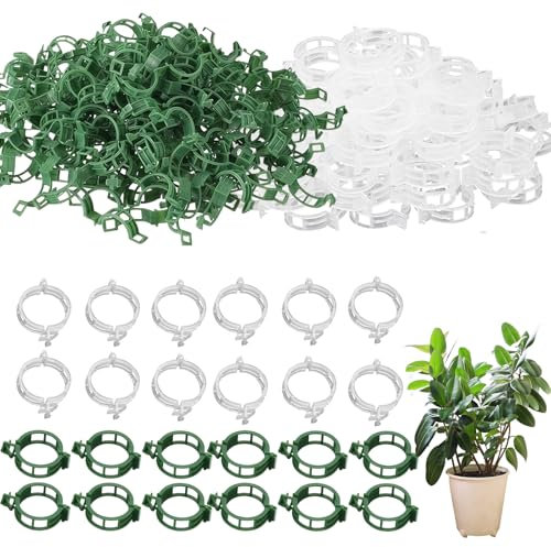 ClcIosis 300 Stück Pflanzenclips für Kletterpflanzen(150 Grün, 150 Weiß) Pflanzenclips Klein Pflanzen Clips Stabiler Halt für Rankpflanzen wie Gurken Paprika Blumen