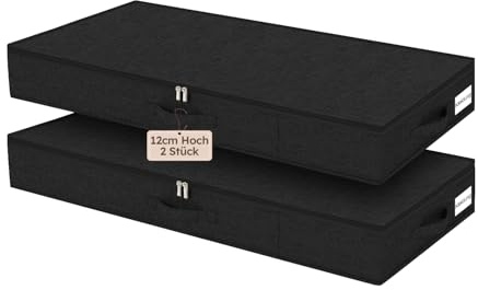 JUPELI Unterbett-Aufbewahrungsbox, 85 x 40 x 12 cm, Schwarz | Nur 12 cm hoch, faltbar mit Reißverschluss und 3 Griffen, für Kleidung, Bettdecken und Bettwäsche
