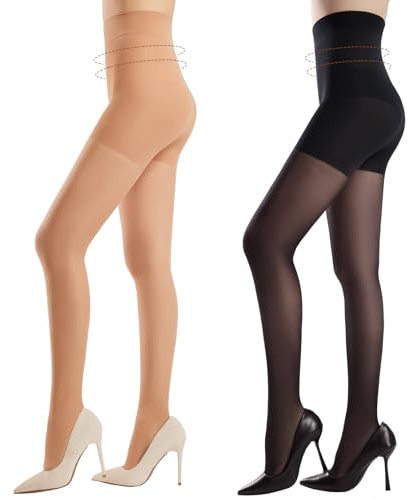 Yilanmy Bauchweg Strumpfhosen für Damen 30D Transparente Feinstrumpfhose Hoher Taille Figurformende Stützstrumpfhose (Schwarz+Hautfarbe, L)