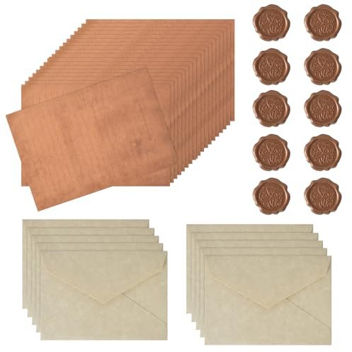 Luxvara 40 Pezzi Carta da Lettere, Pergamena da Scrivere, Buste Lettere Vintage, Lettera Antica, Set di Carta Vintage con 10 Buste e 10 Adesivi Sigilli in Cera per Inviti Matrimoni Lettere Romantice