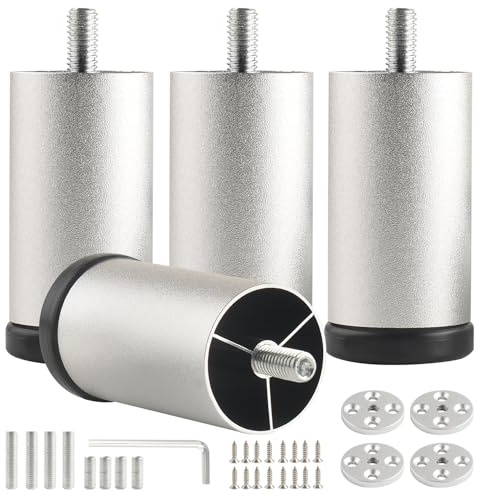 funifiti 4 Pack Bed Support Legs 3 Inch Silver Furniture Cabinet Metal Legs Replacement Screw in M8 Couch Feet Dresser Foot Desk Leg Cylinder Aluminum Alloy