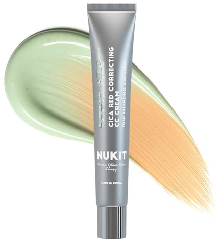NUKIT Cica Red Correcting CC Cream – Green-to-Beige Color Corrector with Centella Asiatica, Niacinamide & Ceramide