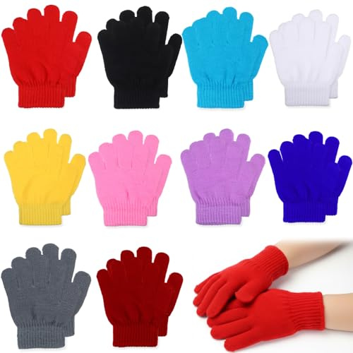 Grevosea 10 Pairs Kids Winter Gloves Full Fingers Knit Stretchy Warm Gloves Black Magic Glove Bulk for Boys Girls 5.5 3-8 Yeras(10 Colors)