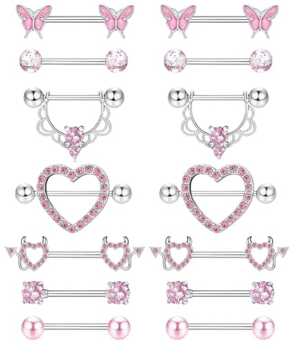 Suupii 7 Pairs Pink Nipple Bars, 16mm Nipple Piercing Jewellery, Tongue Piercing, Tongue Bars Beautiful and Durable Suitable for Women and Can Also be Given to Your Family and Friends