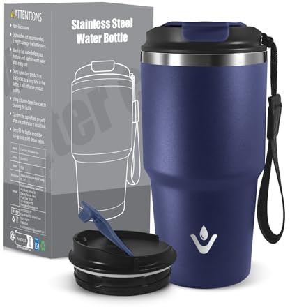 Baramumu Tazza da Caffè da Asporto, 600 Ml, Tazza Termica, Acciaio Inossidabile a Doppia Parete, Borraccia Termica con Cannuccia, per Bevande Calde e Fredde, per Sport, Viaggi, Blu Scuro