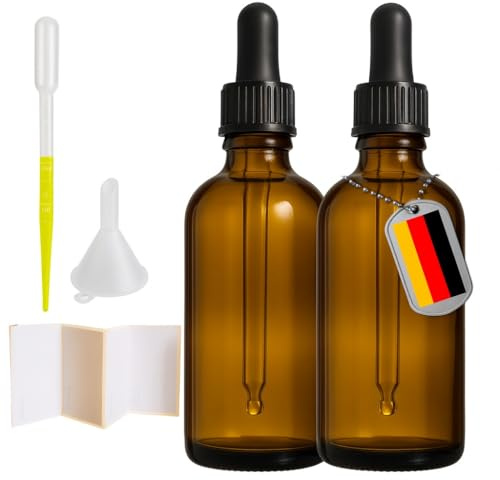 K-Amakah Botellas de cristal ámbar con cuentagotas, 100 ml, 2 unidades, para aceites esenciales, aromaterapia y cosméticos