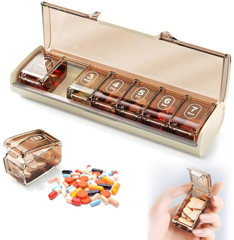 Tablettenbox 7 Tage, Medikamentenbox mit 7 Unterteilten Fächern, Medizin Vitamin Halter Container, Kompakt, für Medikamente, Fischöl, Vitamine und Nahrungsergänzungsmittel—Weiß
