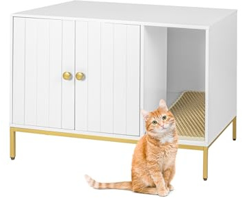 Relaxdays Kattskåp för kattlåda, med kattlåda, med ingång, HBT: 55 x 80 x 50 cm, katthus, vit/guld