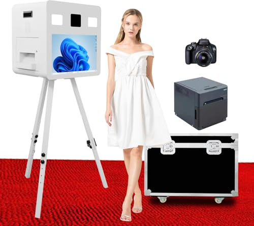 tragbares Stativ DSLR Foto Booth mit 21,5 Touchscreen DSLR Photobooth Maschine mit Flight Case, für Veranstaltungen Parteien Hochzeitsverleih (White, Photo Booth+Camera+DNP Printer)