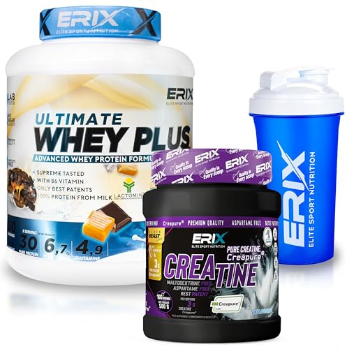 ERIX Nutrición Pack Musculación Whey Ultimate Plus 2Kg+ Creatina Creapure Neutra 500g+ Shaker Azul, Proteína Suero de Leche para Rendimiento Deportivo y Volumen Muscular (Chocolate con Caramelo)