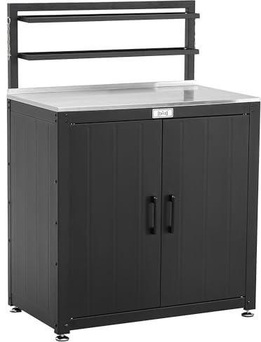 FEASTO Garden Potting Bench with Storage Cabinet, 2-Tier Removable Shelves & Stainless Steel Tabletop, Heavy-Duty Planting Work Station & Outdoor Tool Storage for Greenhouse and Patio