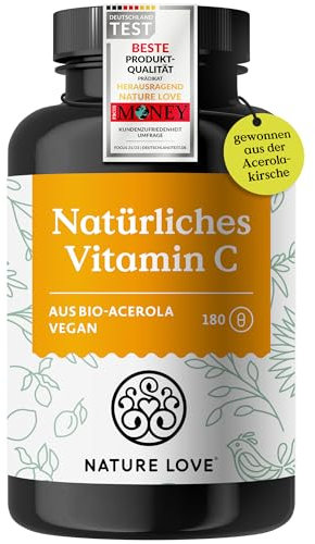 NATURE LOVE® Natürliches Vitamin C aus Bio Acerola Extrakt - Hochdosiert - Beste Bioverfügbarkeit - 180 Kapseln - Immunsystem - oxidativer Stress - laborgeprüft, vegan und in Deutschland produziert