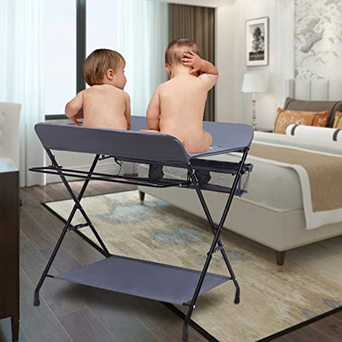 Klappbarer Wickeltisch, Grau Wickelkommode mit Korb und Ablagefläche Wickelkombination Wickeltisch Kompakt Platzsparend und Stabil, Kleinkinder bis 12 Monate