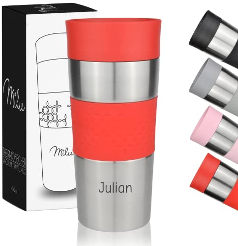 Milu Thermobecher mit Gravur - 350ml - Geschenkidee personalisiertes Geschenk Geburtstagsgeschenk Muttertag für Männer Frauen Mama Papa Freundin (350ml, Rot)