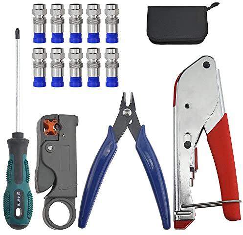 BGTXINGI Lot de 14 outils de compression pour câble coaxial RG59 RG6 - Pince à dénuder et pince à sertir pour câble coaxial - Avec 10 connecteurs de compression