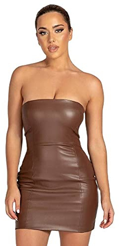 XLLAIS Women PU Leather Strapless Tube Mini Dress Sexy Bodycon Party Dresses Streetwear (Brown1, Medium)